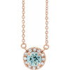 14 Karat Rose Gold 5.5 mm Round Aquamarine Gem and 0.12 Carat Diamond 18 inch Necklace