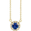Sapphire Necklace in 14 Karat Yellow Gold 6 mm Round Sapphire and 0.20 Carat Diamond 18 inch Necklace
