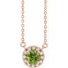 Genuine Peridot Necklace in 14 Karat Rose Gold 6 mm Round Peridot and 0.20 Carat Diamond 18 inch Necklace