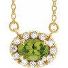 Genuine Peridot Necklace in 14 Karat Yellow Gold 7x5 mm Oval Peridot and 0.16 Carat Diamond 18 inch Necklace