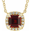 Red Garnet Necklace in 14 Karat Yellow Gold 3x3 mm Square Mozambique Garnet and .05 Carat Diamond 18 inch Necklace