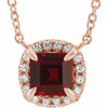 Red Garnet Necklace in 14 Karat Rose Gold 3x3 mm Square Mozambique Garnet and .05 Carat Diamond 16 inch Necklace