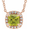 Genuine Peridot Necklace in 14 Karat Rose Gold 3x3 mm Square Peridot and .05 Carat Diamond 18 inch Necklace