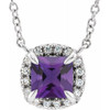 Amethyst Necklace in Platinum 3x3 mm Square Amethyst and .05 Carat Diamond 16 inch Necklace