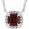 Red Garnet Necklace in Platinum 3x3 mm Square Mozambique Garnet and .05 Carat Diamond 16 inch Necklace