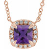 Amethyst Necklace in 14 Karat Rose Gold 3.5x3.5 mm Square Amethyst and .05 Carat Diamond 18 inch Necklace