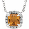 Golden Citrine Necklace in 14 Karat White Gold 4 mm Square Citrine and .05 Carat Diamond 18 inch Necklace