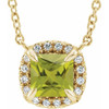Genuine Peridot Necklace in 14 Karat Yellow Gold 4 mm Square Peridot and .05 Carat Diamond 16 inch Necklace