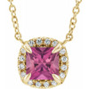 Pink Tourmaline Necklace in 14 Karat Yellow Gold 4 mm Square Pink Tourmaline and .05 Carat Diamond 16 inch Necklace