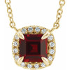 Red Garnet Necklace in 14 Karat Yellow Gold 4 mm Square Mozambique Garnet and .05 Carat Diamond 18 inch Necklace
