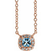 14 Karat Rose Gold 4 mm Square Aquamarine Gem and .05 Carat Diamond 18 inch Necklace