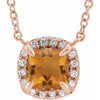 Golden Citrine Necklace in 14 Karat Rose Gold 4 mm Square Citrine and .05 Carat Diamond 18 inch Necklace
