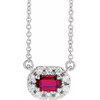 Ruby Necklace in 14 Karat White Gold 5x3 mm Emerald Ruby and 0.12 Carat Diamond 18 inch Necklace