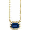 Sapphire Necklace in 14 Karat Yellow Gold 5x3 mm Emerald Sapphire and 0.12 Carat Diamond 16 inch Necklace