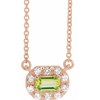 Genuine Peridot Necklace in 14 Karat Rose Gold 5x3 mm Emerald Peridot and 0.12 Carat Diamond 16 inch Necklace