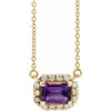 Amethyst Necklace in 14 Karat Yellow Gold 6x4 mm Emerald Amethyst and 0.20 Carat Diamond 16 inch Necklace