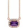 Amethyst Necklace in 14 Karat Rose Gold 6x4 mm Emerald Amethyst and 0.20 Carat Diamond 16 inch Necklace