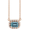 14 Karat Rose Gold 6x4 mm Emerald Aquamarine Gem and 0.20 Carat Diamond 16 inch Necklace