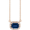 Sapphire Necklace in 14 Karat Rose Gold 6x4 mm Emerald Sapphire and 0.20 Carat Diamond 16 inch Necklace