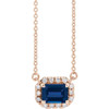 Sapphire Necklace in 14 Karat Rose Gold 6x4 mm Emerald Sapphire and 0.20 Carat Diamond 18 inch Necklace
