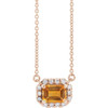 Golden Citrine Necklace in 14 Karat Rose Gold 7x5 mm Emerald Citrine and 0.20 Carat Diamond 16 inch Necklace