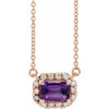 Amethyst Necklace in 14 Karat Rose Gold 7x5 mm Emerald Amethyst and 0.20 Carat Diamond 18 inch Necklace