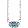 14 Karat White Gold Aquamarine Gem and .05 Carat Diamond Halo Style 16 inch Necklace