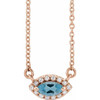 14 Karat Rose Gold Aquamarine Gem and .05 Carat Diamond Halo Style 18 inch Necklace