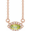 Genuine Peridot Necklace in 14 Karat Rose Gold Peridot and .05 Carat Diamond Halo Style 18 inch Necklace