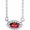 Red Garnet Necklace in Sterling Silver Mozambique Garnet and .05 Carat Diamond Halo Style 18 inch Necklace