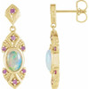 Fire Opal Earrings in 14 Karat Yellow Gold Ethiopian Opal and Pink Blue Sapphire Vintage Inspired Earrings