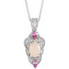 Real Opal Necklace in Sterling Silver Opal, Pink Sapphire and 0.10 Carat Diamond Vintage Inspired 16 inch Necklace