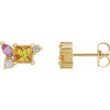 14 Karat Yellow Gold Yellow Blue Sapphire, Pink Blue Sapphire, and 0.13 Carat Diamond Earrings