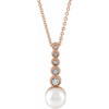 White Akoya Pearl Necklace in 14 Karat Rose Gold Cultured Akoya Pearl and 0.12 Carat Diamond Bar 16 inch Necklace