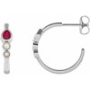 14 Karat White Gold Ruby and 0.10 Carat Diamond Bezel Set Hoop Earrings