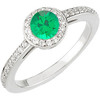 Intricate Pave Diamond White Gold Ring set with Low Price on Round Natural .25Carat 4mm Emerald Deep Green Gem