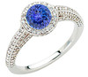 Diamonds Surround a AAA Deep Colored 1.00 Carat 6mm Round  Tanzanite Gold Ring