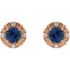 14 Karat Rose Gold 4 mm Lab Grown Blue Sapphire and 0.10 Carat Natural Diamond Halo Style Earrings