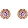 14 Karat Rose Gold 4 mm Natural Pink Tourmaline and 0.10 Carat Natural Diamond Halo Style Earrings