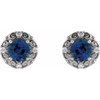 14 Karat White Gold 4 mm Lab Grown Blue Sapphire and 0.10 Carat Natural Diamond Halo Style Earrings