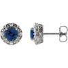 Platinum 4 mm Lab Grown Blue Sapphire and 0.10 Carat Natural Diamond Halo Style Earrings