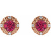 14 Karat Rose Gold 4 mm Lab Grown Ruby and 0.10 Carat Natural Diamond Halo Style Earrings