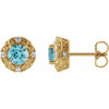 14 Karat Yellow Gold 4 mm Natural Blue Zircon and 0.10 Carat Natural Diamond Halo Style Earrings