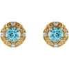 14 Karat Yellow Gold 4 mm Natural Blue Zircon and 0.10 Carat Natural Diamond Halo Style Earrings