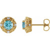 14 Karat Yellow Gold 5 mm Natural Blue Zircon and 0.16 Carat Natural Diamond Halo Style Earrings