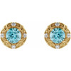 14 Karat Yellow Gold 5 mm Natural Blue Zircon and 0.16 Carat Natural Diamond Halo Style Earrings