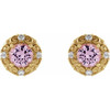 14 Karat Yellow Gold 5 mm Natural Pink Tourmaline and 0.16 Carat Natural Diamond Halo Style Earrings