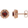 14 Karat Rose Gold 5 mm Mozambique Garnet and 0.16 Carat Diamond Halo Style Earrings