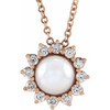 14 Karat Rose Gold Cultured White Akoya Pearl and 0.16 Carat Diamond Halo Style 16 inch Necklace