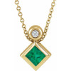 14 Karat Yellow Gold 4 mm Square Natural Emerald and .03 Carat Natural Diamond 16 inch Necklace
